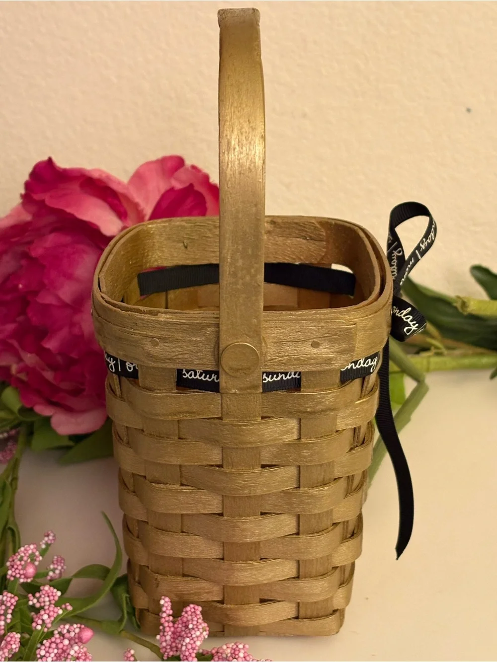 Vintage Longaberger 1998 Basket Painted Metallic Gold with Ribbon Detail